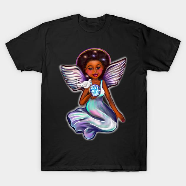 Angel with dove love joy and peace iii - Black angel of peace ! With glow, Afro hair, green eyes, Cherry pink lips and dark brown skin. Hair love ! T-Shirt by Artonmytee